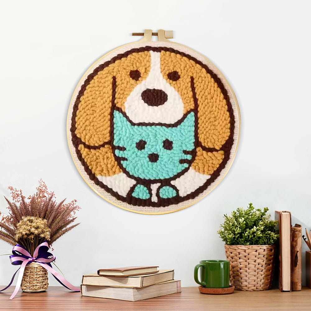 Finished cute puppy and cat artwork displayed on a wall
