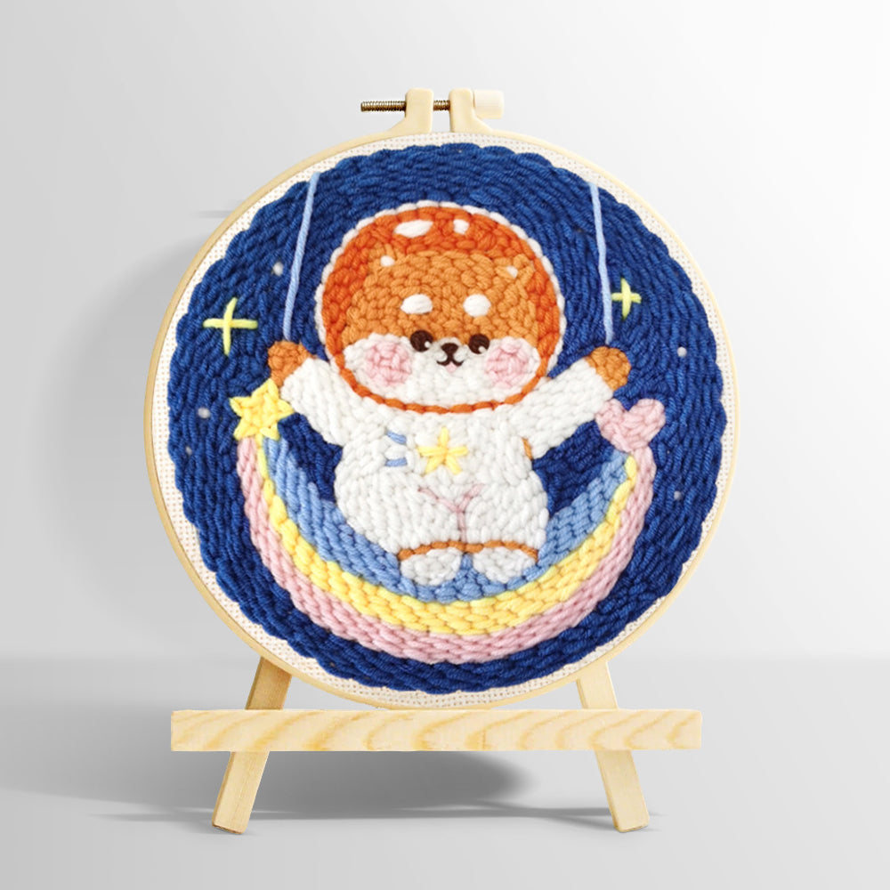 Cute puppy on a rainbow moon punch needle kit for beginners