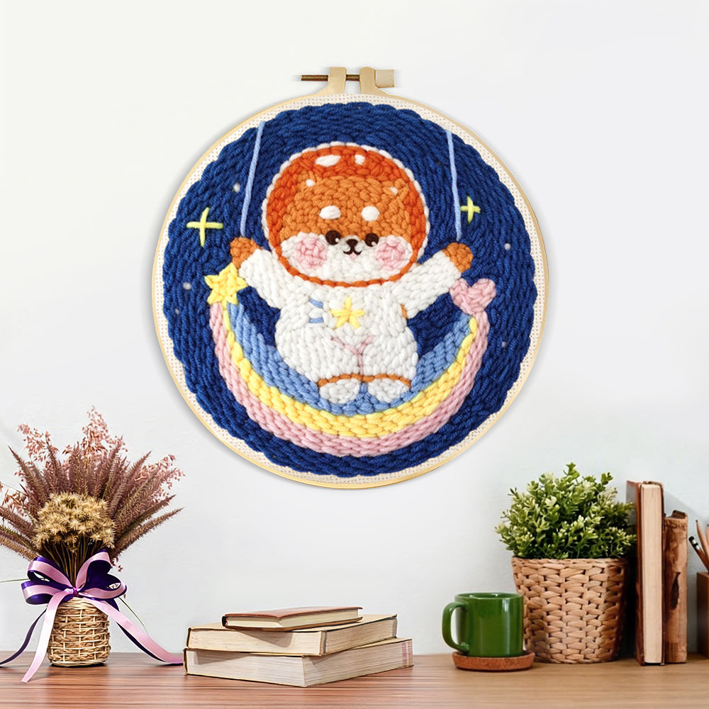 Finished cute puppy on a rainbow moon artwork displayed on a wall