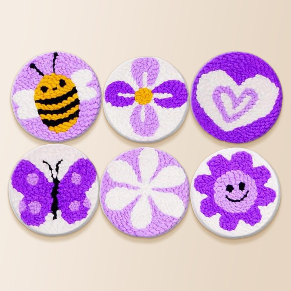 Cute purple bee, flower and butterfly punch needle coaster kit finished handmade coasters