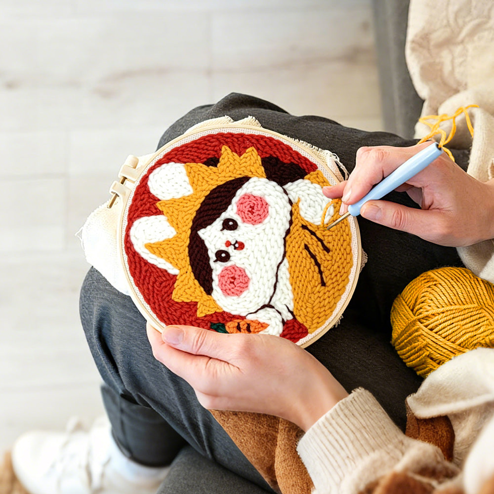 Creating handmade cute rabbit with crown and carrot punch needle artwork