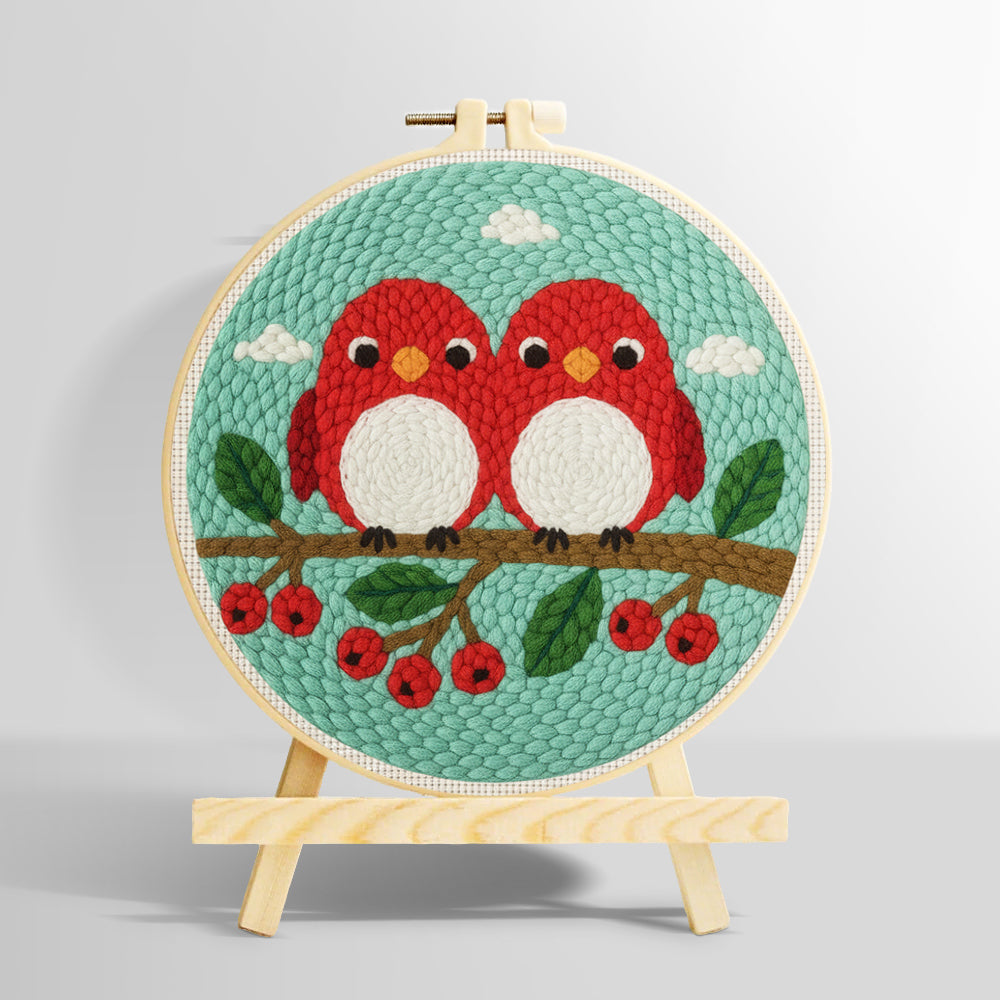 Cute red birds on berry branch punch needle kit for beginners