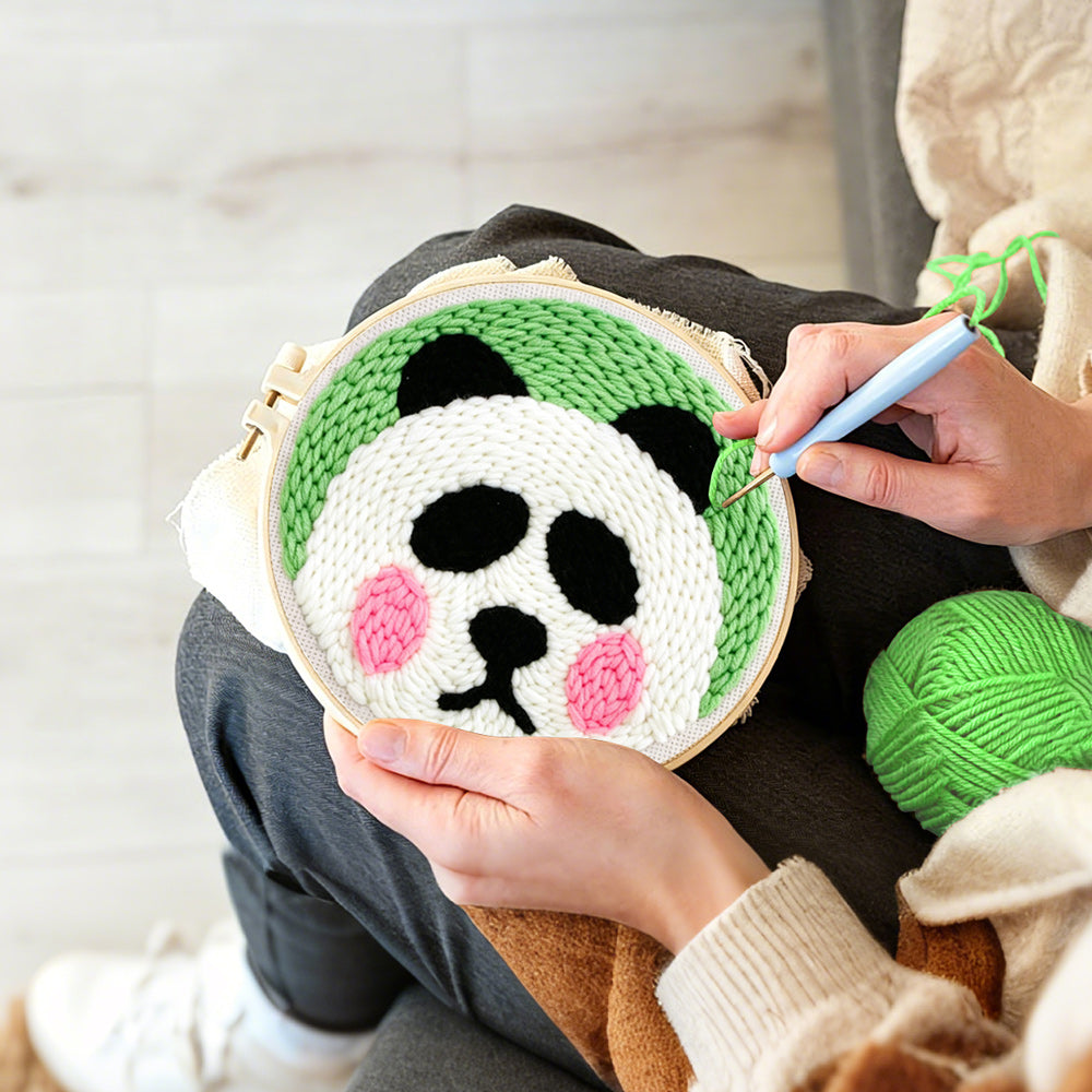 Creating handmade cute round panda punch needle artwork