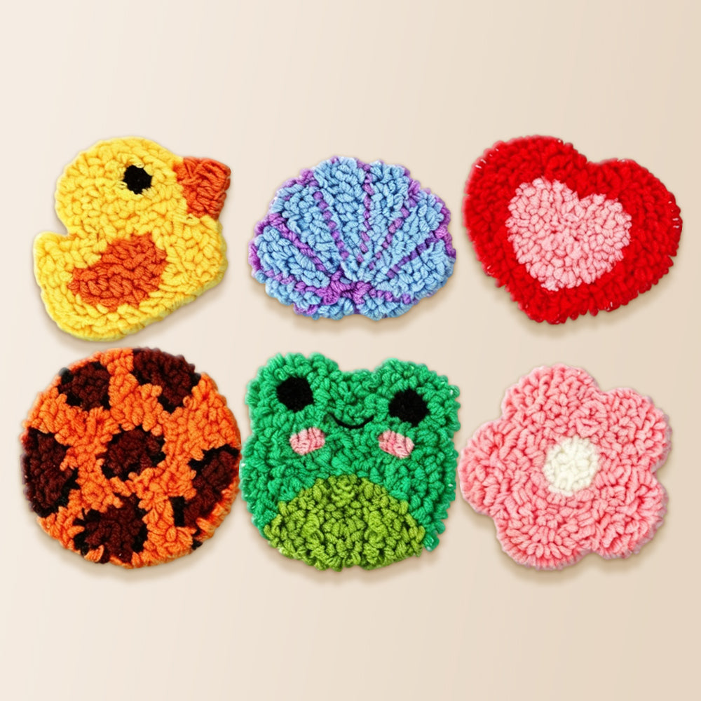 Cute shaped animal and flower punch needle coaster kit finished handmade coasters