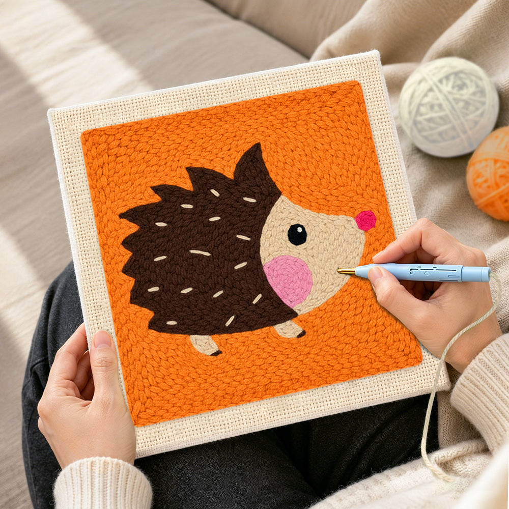 Creating handmade cute side-profile hedgehog punch needle artwork