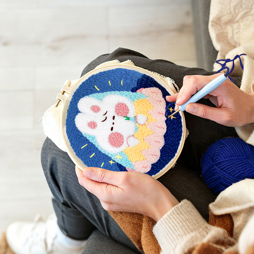 Creating handmade cute sleeping cloud bunny punch needle artwork