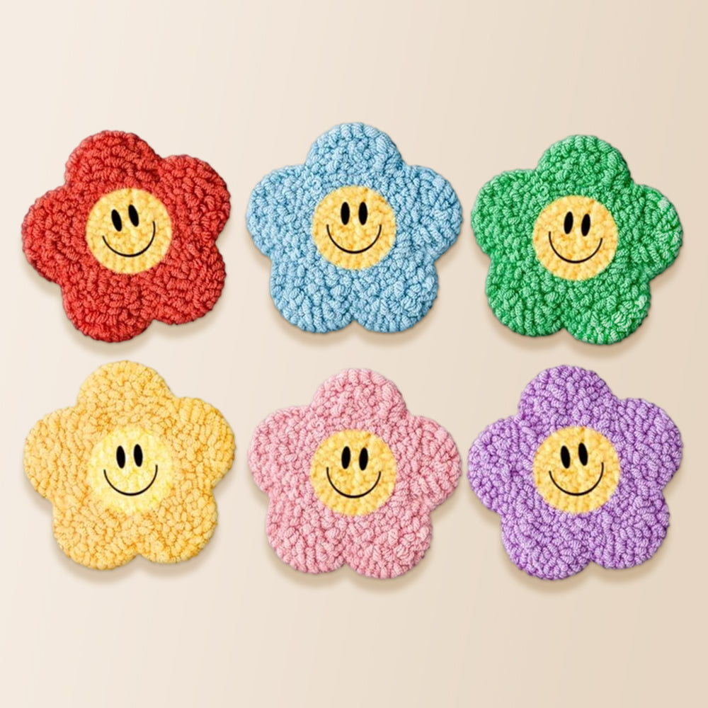 Cute smiley face flowers punch needle coaster kit finished handmade coasters