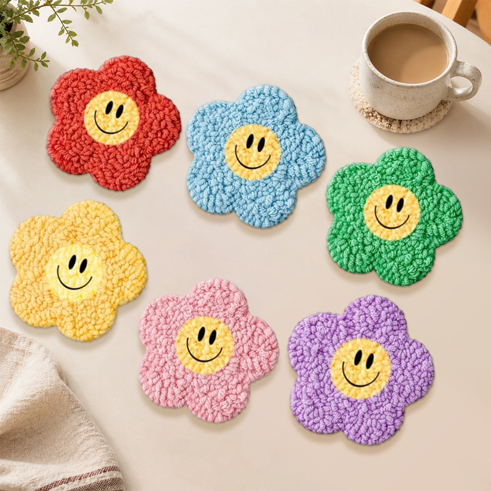 Cute smiley face flowers punch needle coasters used for home decoration