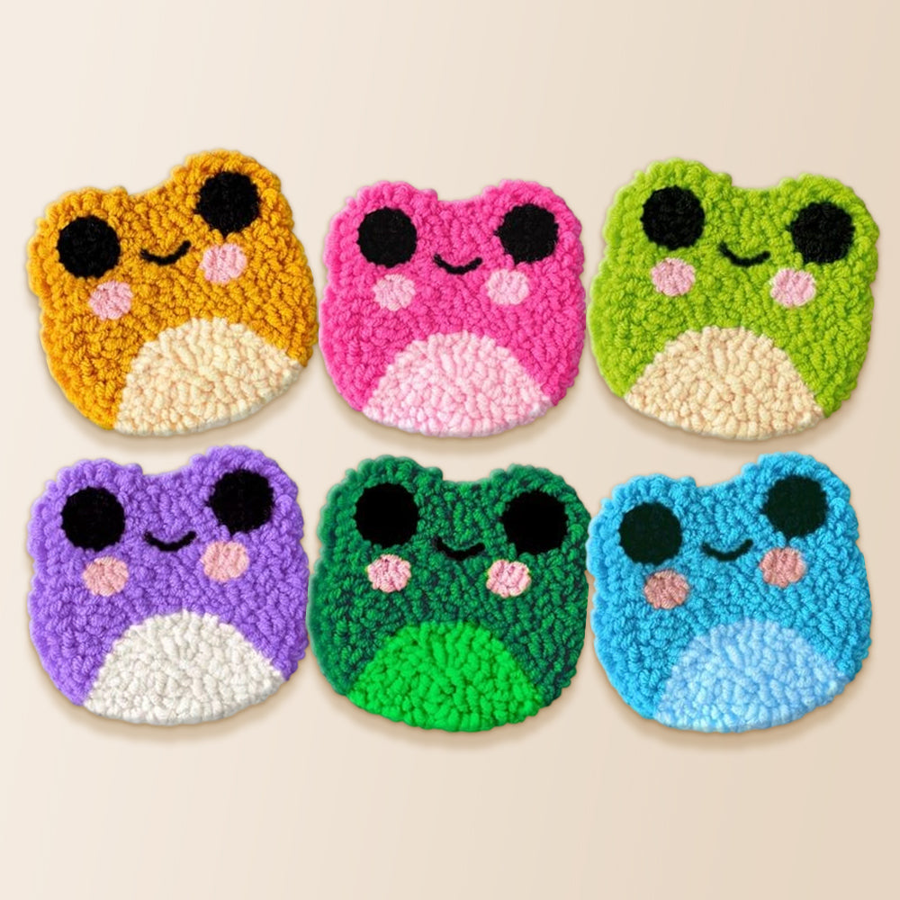 Cute smiling frogs punch needle coaster kit finished handmade coasters