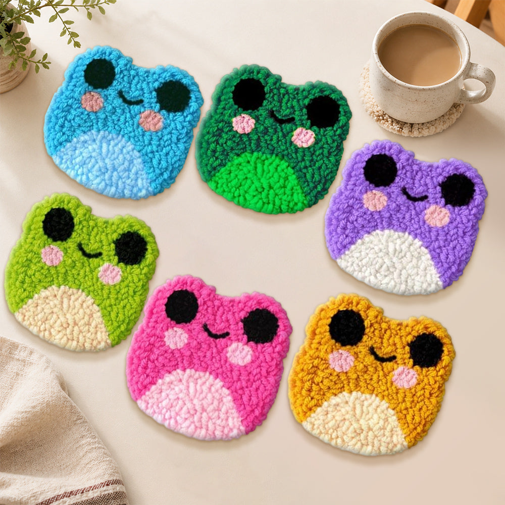 Cute smiling frogs punch needle coasters used for home decoration