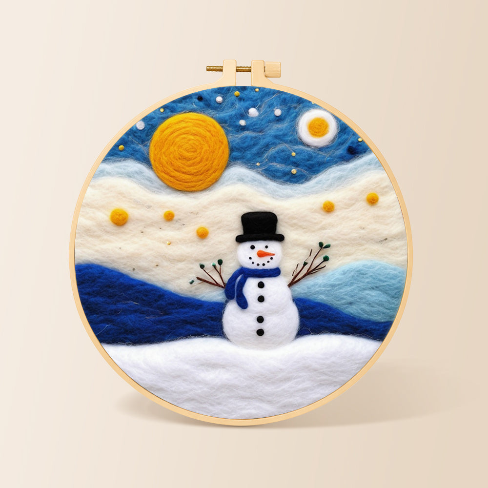 Cute snowman under the full moon needle felting kit for beginners with a round wooden frame