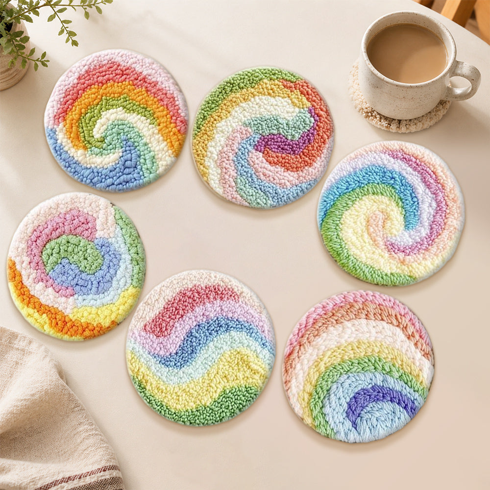 Cute spiral pastel landscape punch needle coasters used for home decoration