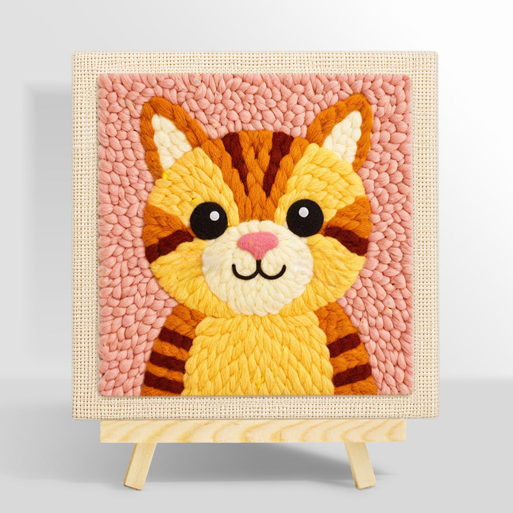 Cute striped kitten with pink nose punch needle kit for beginners