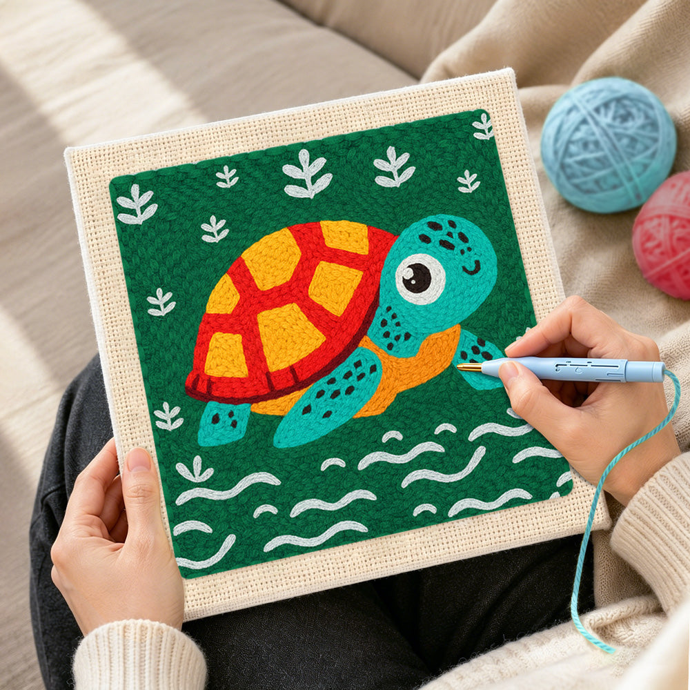 Creating handmade cute swimming sea turtle punch needle artwork
