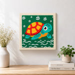 Finished cute swimming sea turtle artwork displayed on a wall
