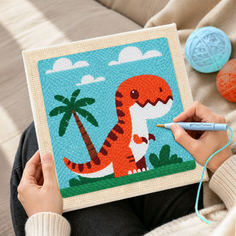 Creating handmade cute t-rex with palm tree punch needle artwork