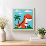 Finished cute t-rex with palm tree artwork displayed on a wall