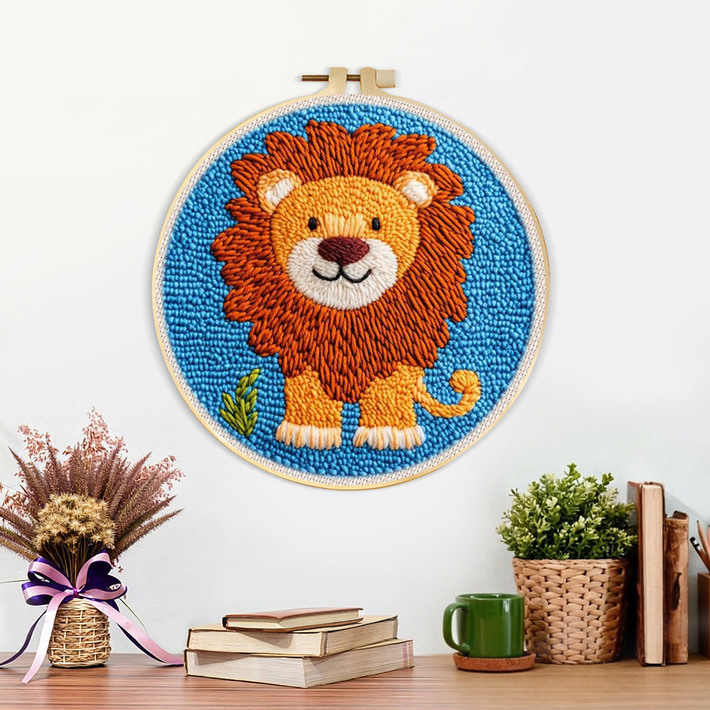 Finished cute thick-maned lion artwork displayed on a wall