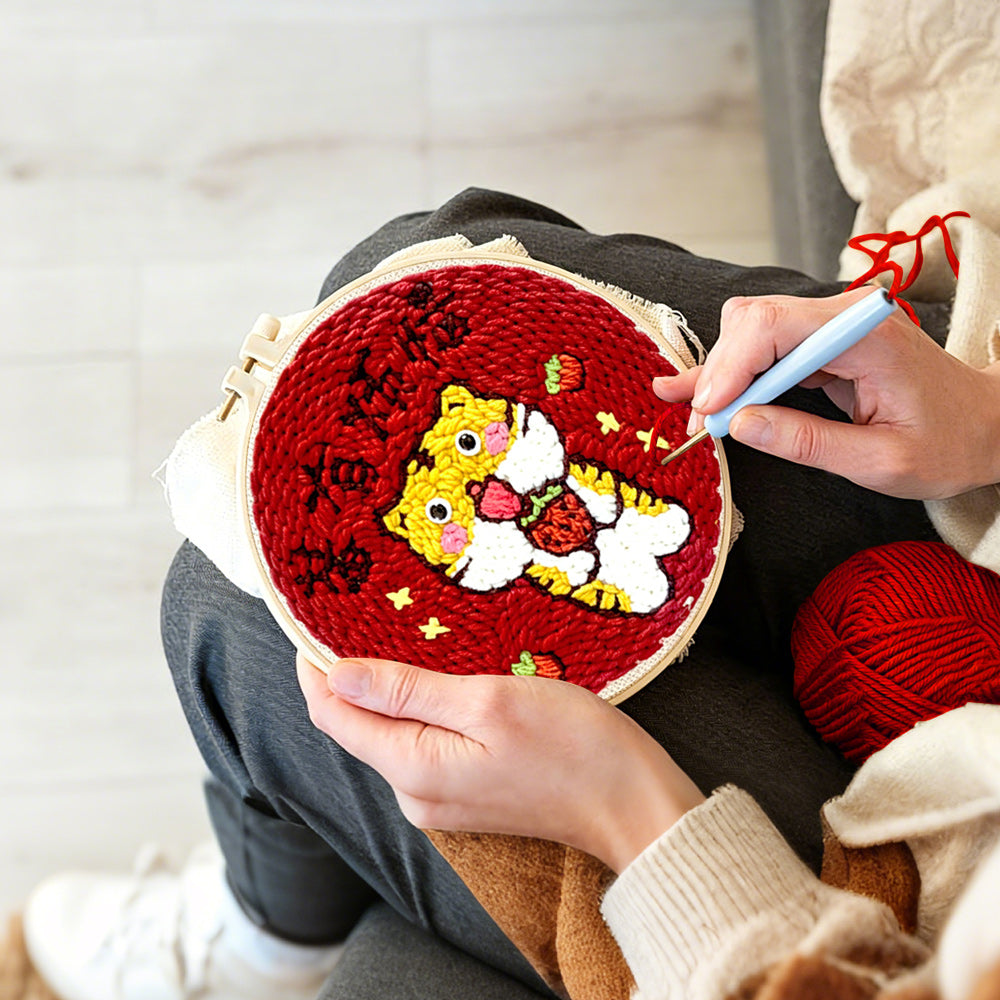 Creating handmade cute tiger with "no worries" text punch needle artwork