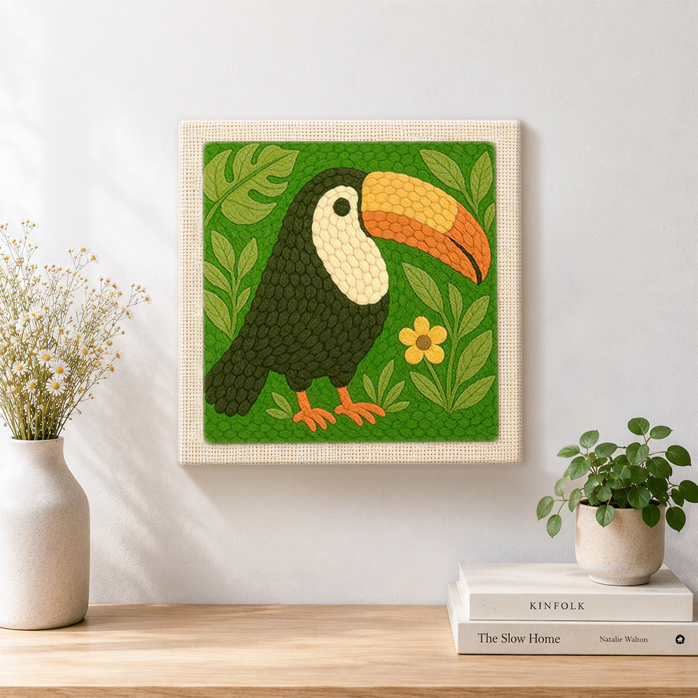 Finished cute tropical toucan artwork displayed on a wall