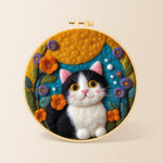 Cute tuxedo cat and bright flowers needle felting kit for beginners with a round wooden frame