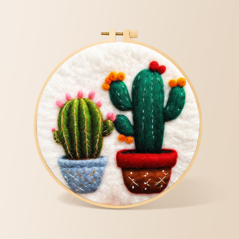 Cute twin potted cacti needle felting kit for beginners with a round wooden frame