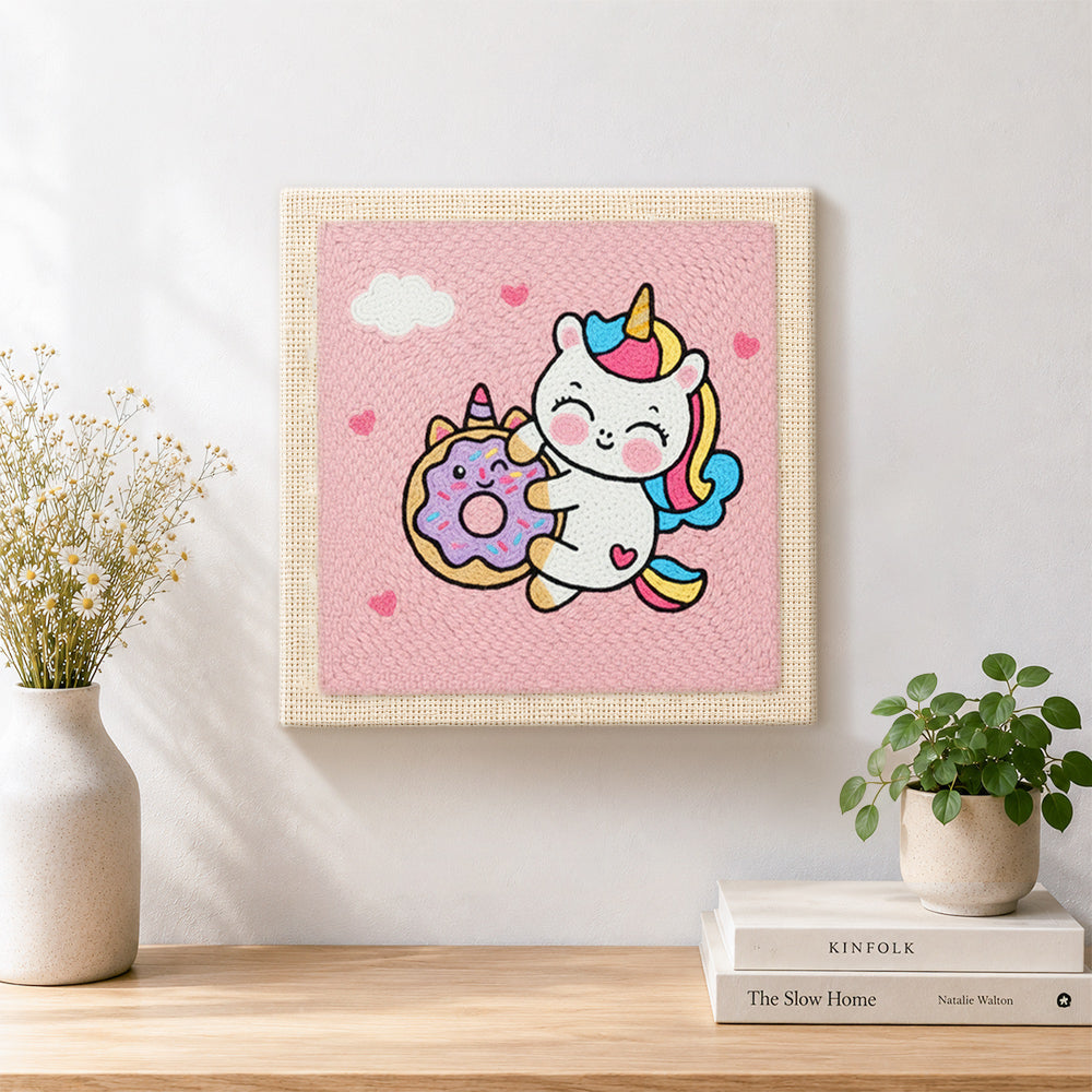 Finished cute unicorn hugging a donut artwork displayed on a wall