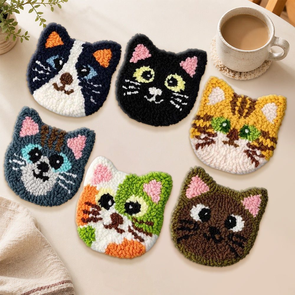 Cute whisker cat faces punch needle coasters used for home decoration