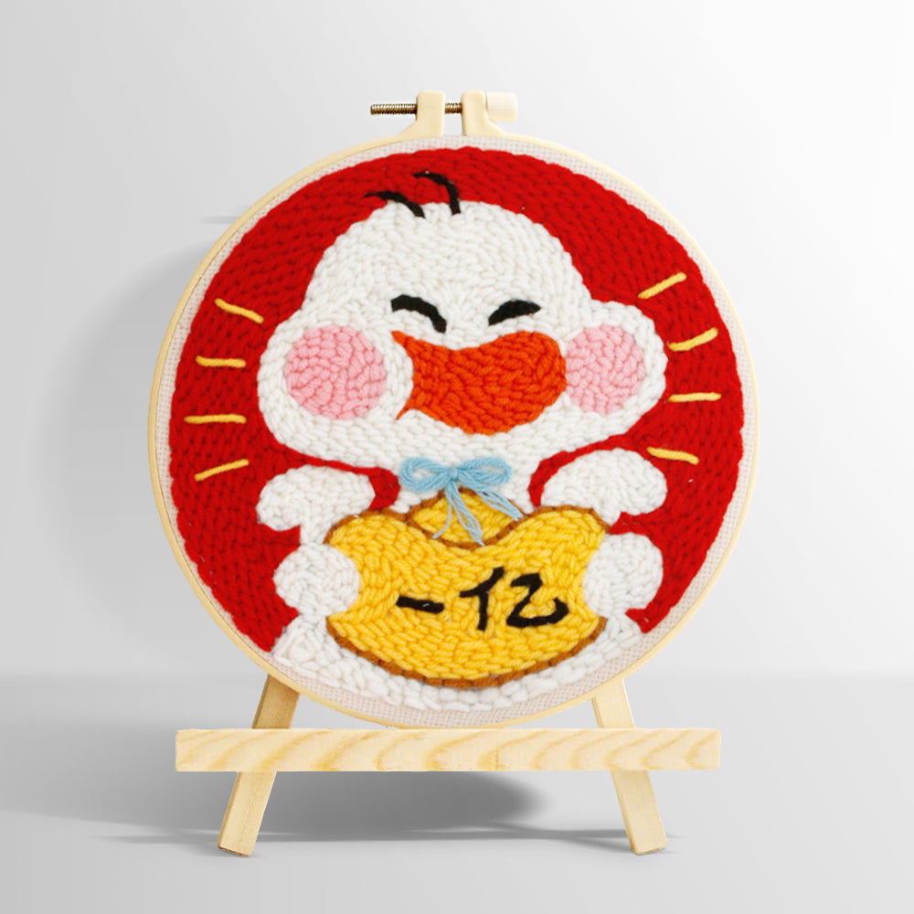 Cute white duck holding lucky gold bag punch needle kit for beginners