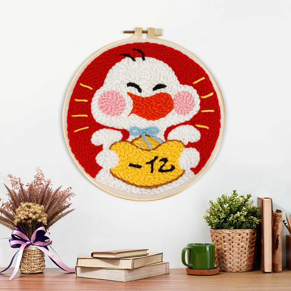 Finished cute white duck holding lucky gold bag artwork displayed on a wall