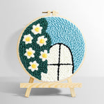 Cute window view with white flowers punch needle kit for beginners
