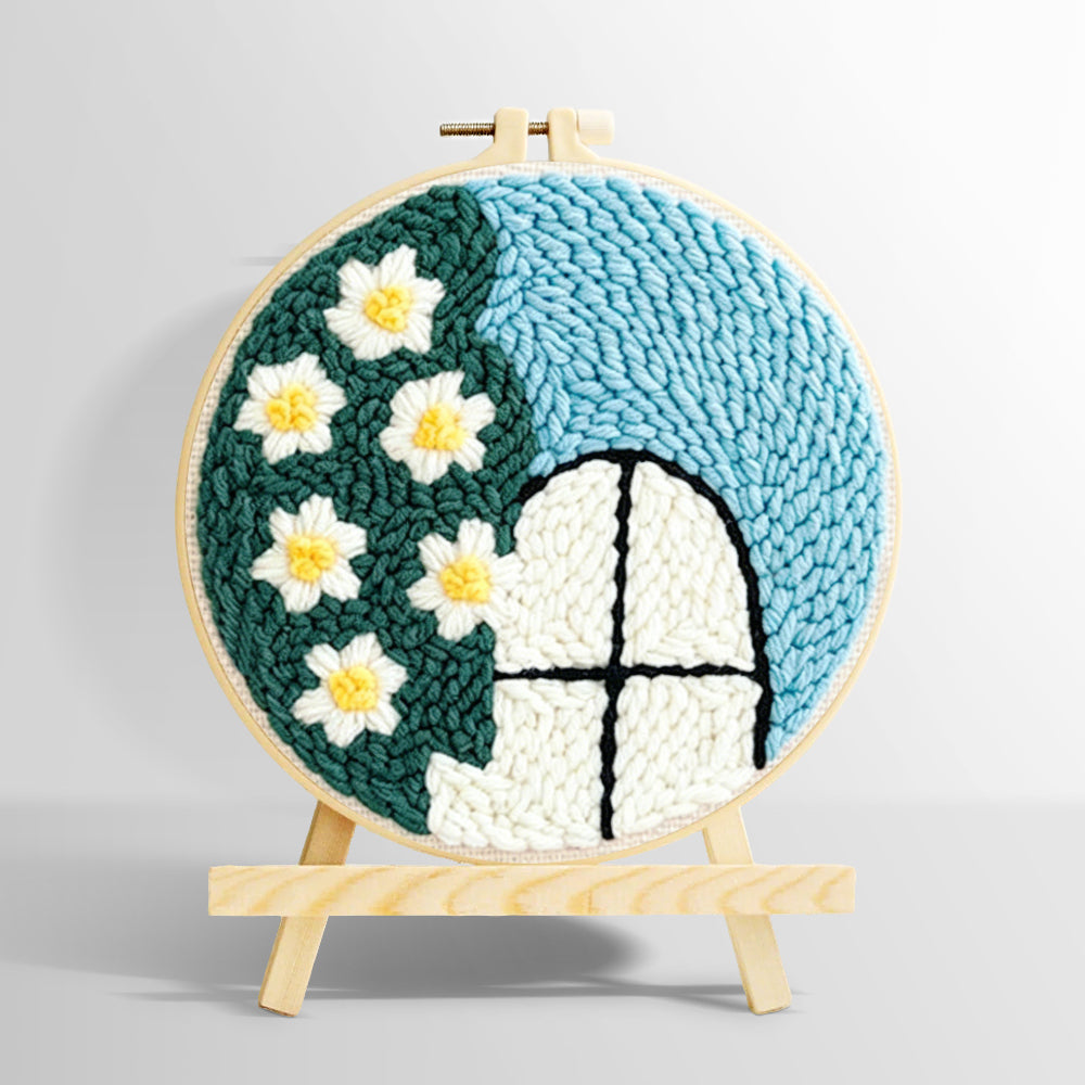 Cute window view with white flowers punch needle kit for beginners