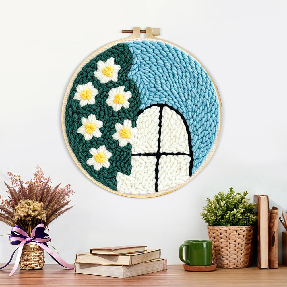 Finished cute window view with white flowers artwork displayed on a wall