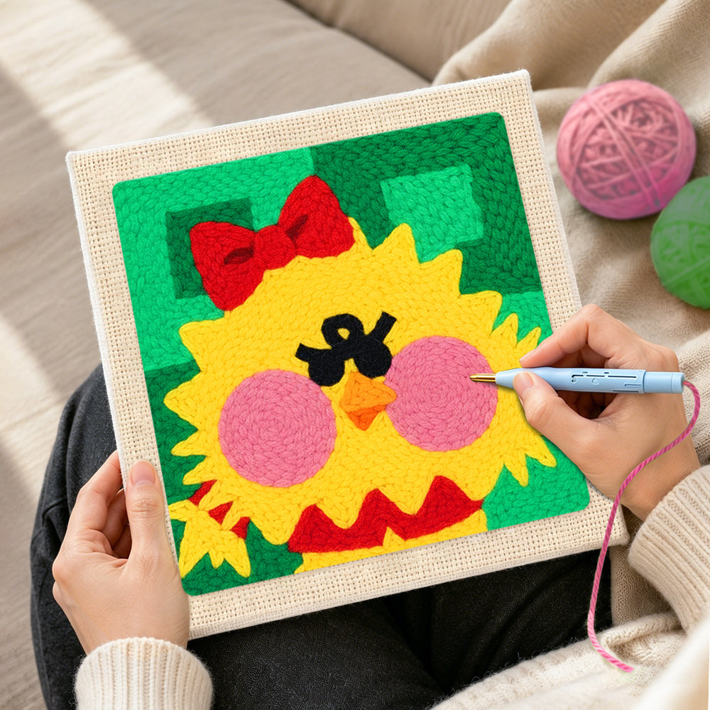 Creating handmade cute yellow chick punch needle artwork