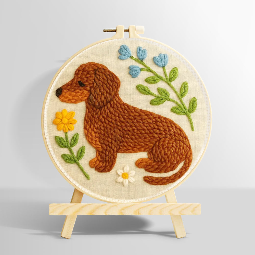 Dachshund with flowers punch needle kit for beginners
