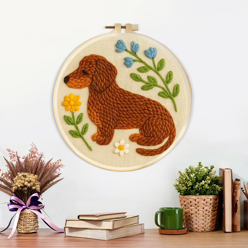 Finished dachshund with flowers artwork displayed on a wall