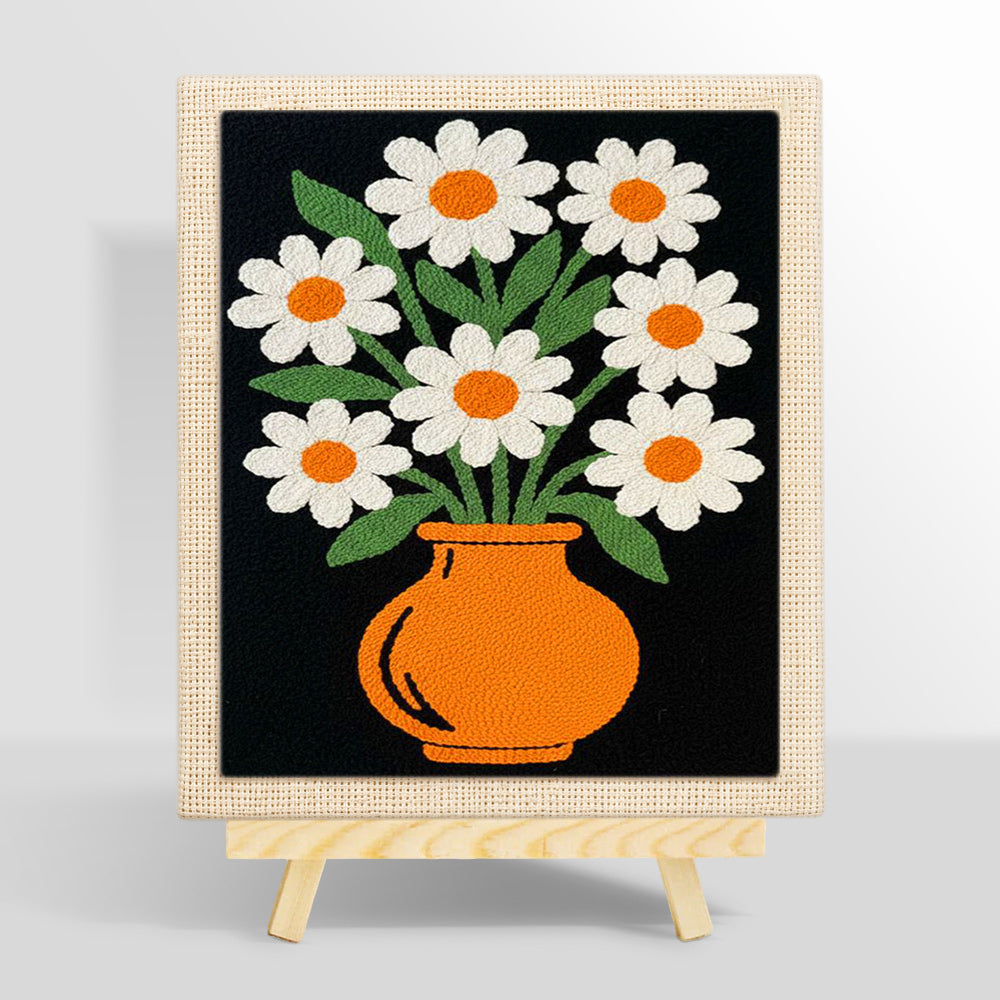 Daisy flowers in orange vase punch needle kit for beginners