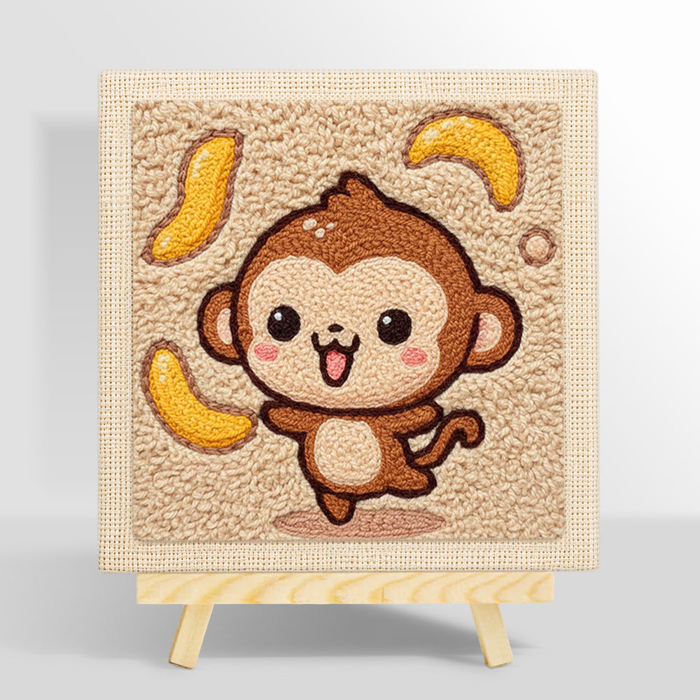 Dancing monkey with flying bananas punch needle kit for beginners