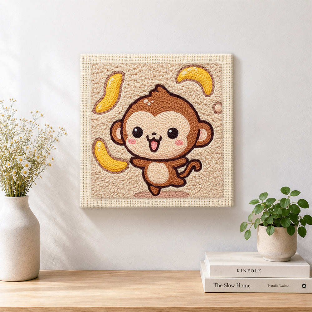 Finished dancing monkey with flying bananas artwork displayed on a wall