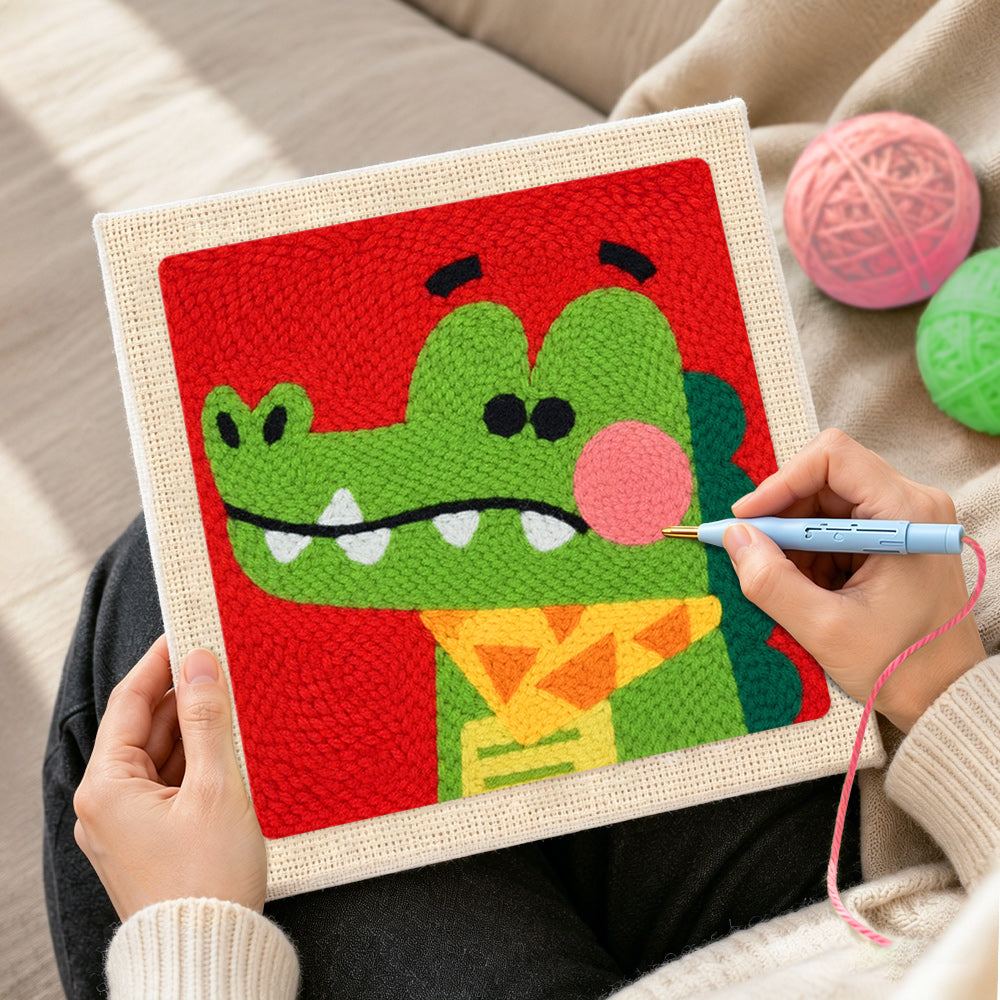 Creating handmade dapper crocodile with bow tie punch needle artwork