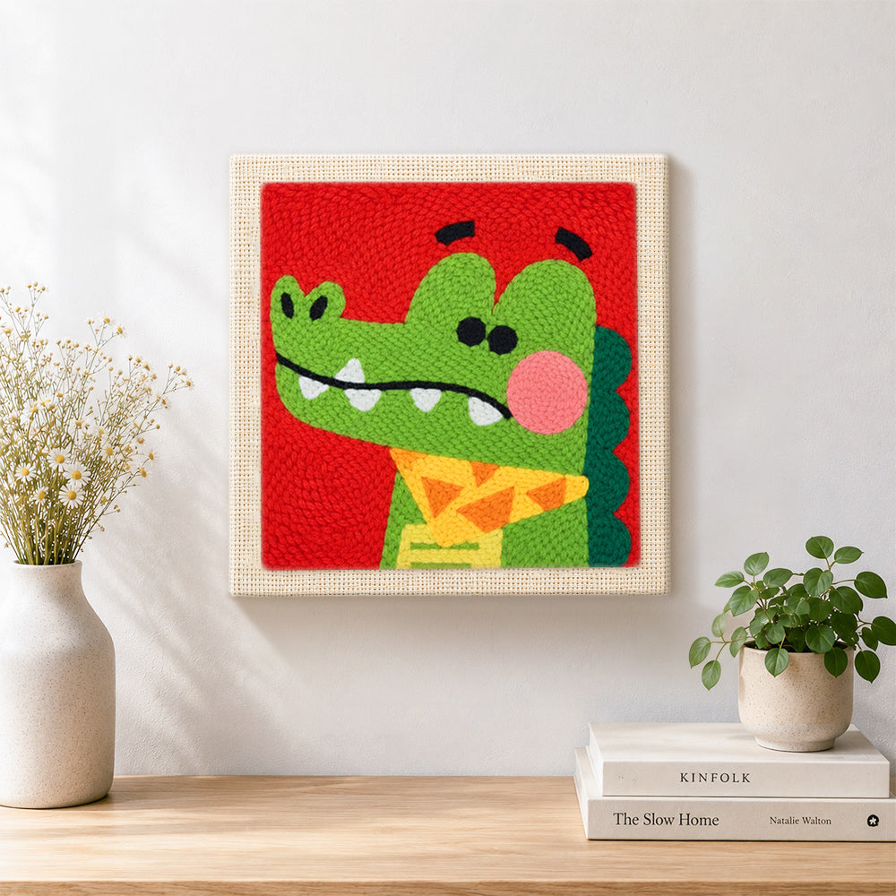 Finished dapper crocodile with bow tie artwork displayed on a wall