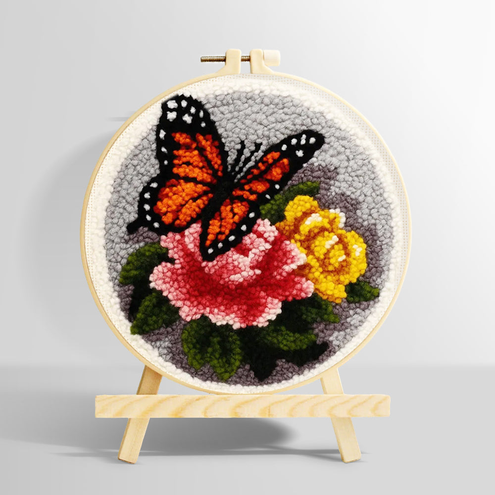 Dark-coloured butterfly and flowers punch needle kit for beginners