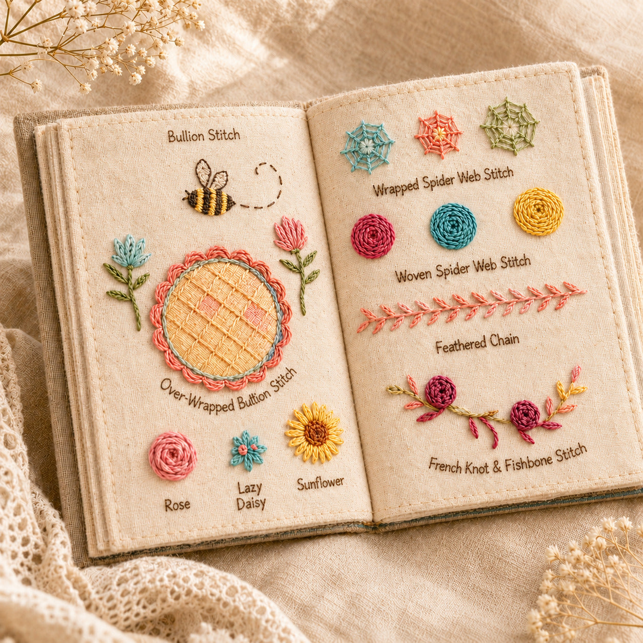 Decorative embroidery stitch book pages featuring beautiful hand embroidery stitch samples.