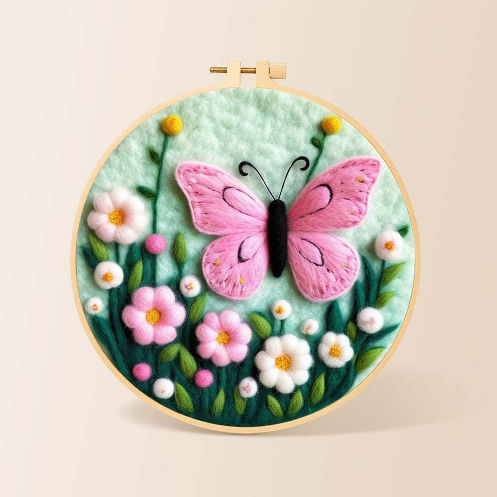 Delicate pink butterfly and flowers needle felting kit for beginners with a round wooden frame