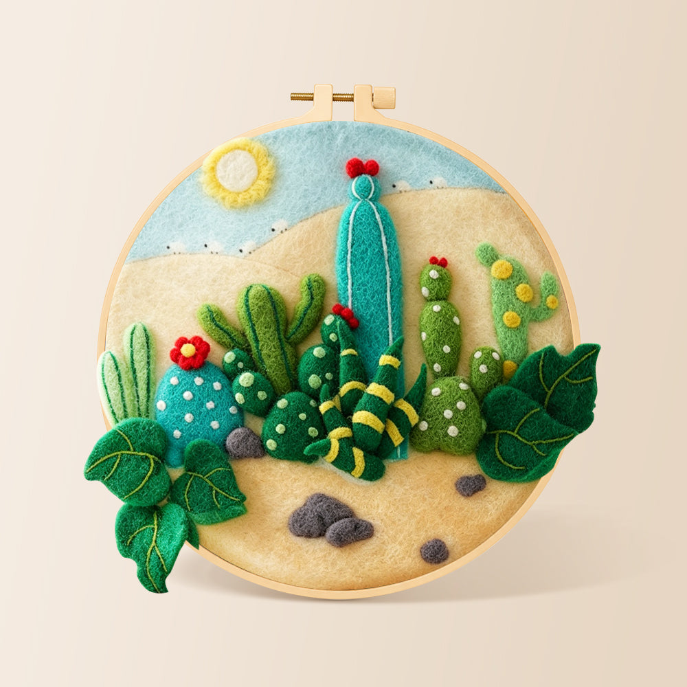 Desert cacti under the sun needle felting kit for beginners with a round wooden frame