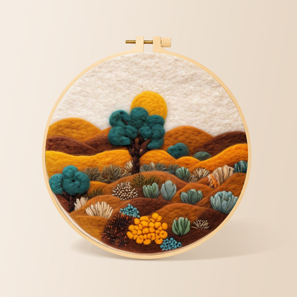 Desert landscape with succulents needle felting kit for beginners with a round wooden frame