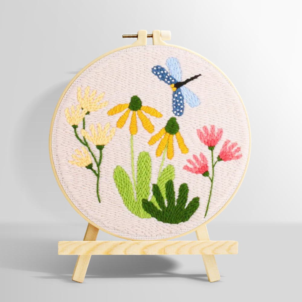 Dragonfly and garden wildflowers punch needle kit for beginners