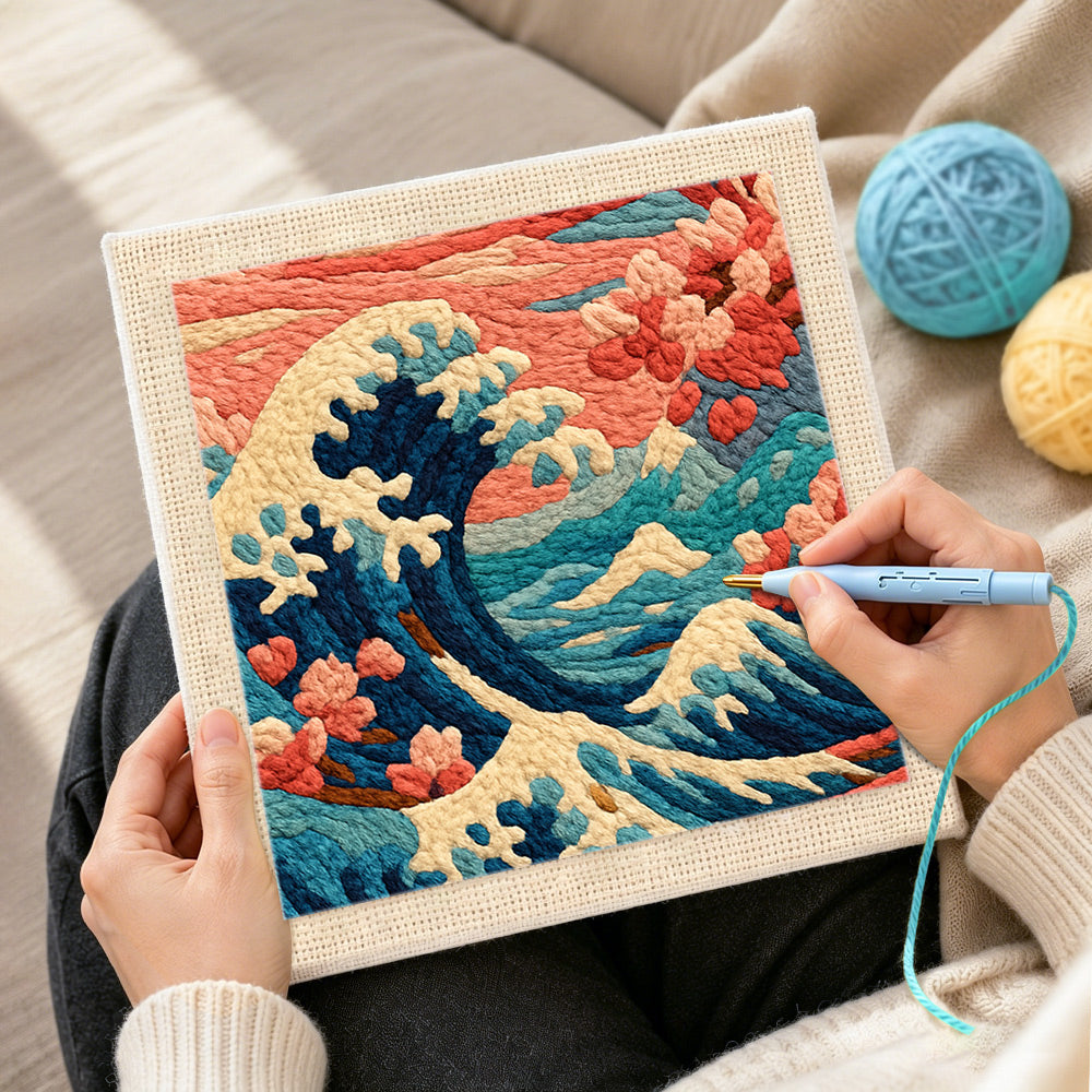 Creating handmade dramatic waves and cherry blossoms punch needle artwork