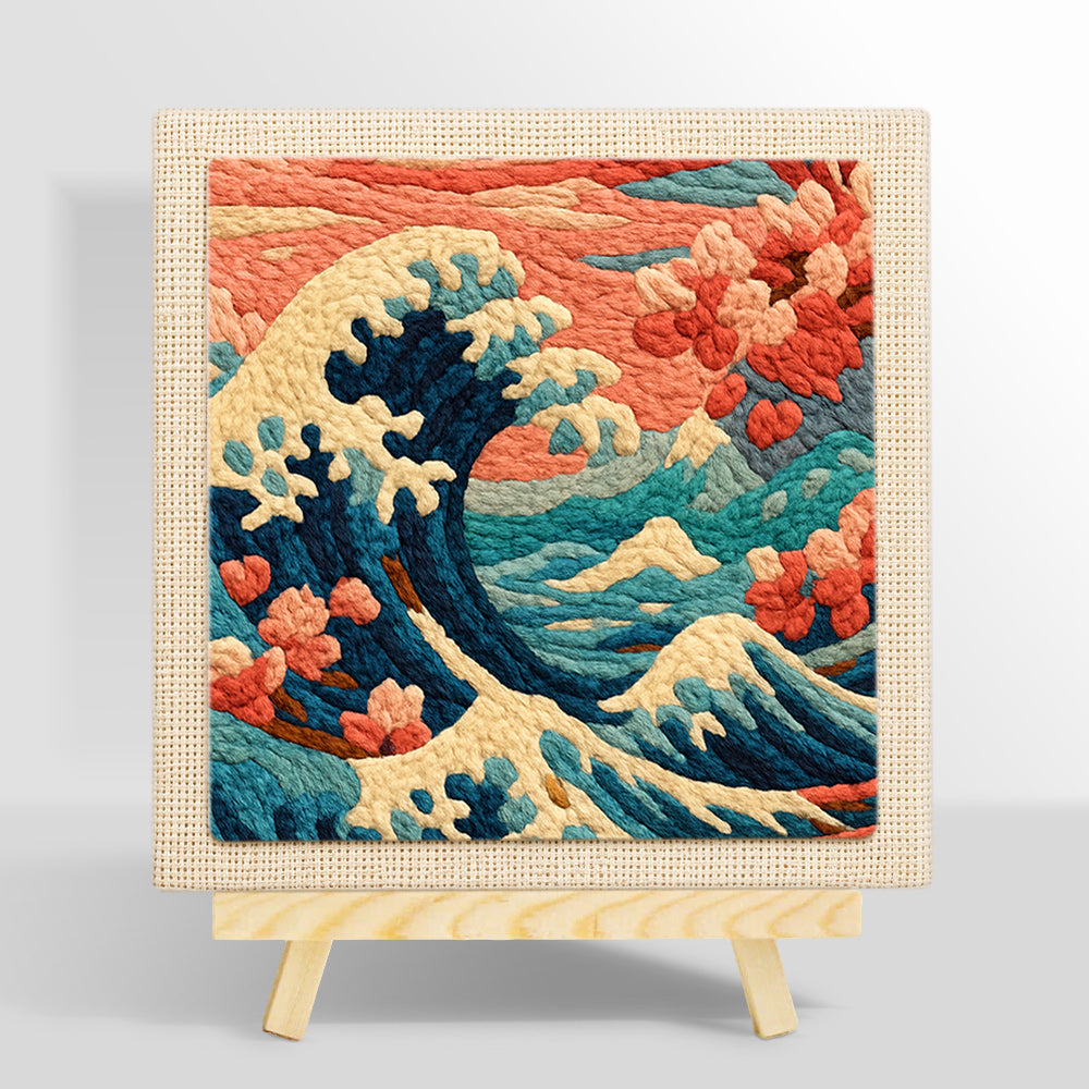 Dramatic waves and cherry blossoms punch needle kit for beginners