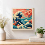 Finished dramatic waves and cherry blossoms artwork displayed on a wall